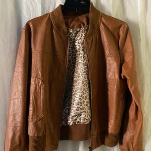 Brown Faux Leather Bomber Jacket Size XS